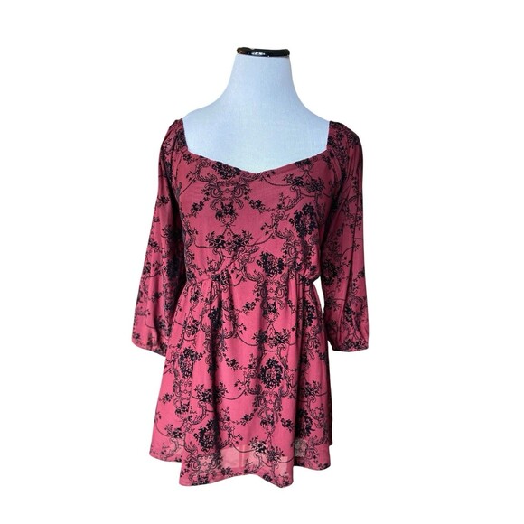 BloomChic Velvet Flocked Baroque Babydoll Top Size 10 Burgundy Whimsygoth Vamp - Picture 1 of 12